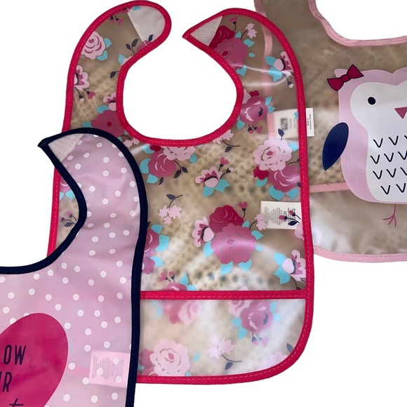 HB Set Of 3 Bibs Wipeable Plastic Owl Theme 9”x8” Pink - Picture 3 of 4